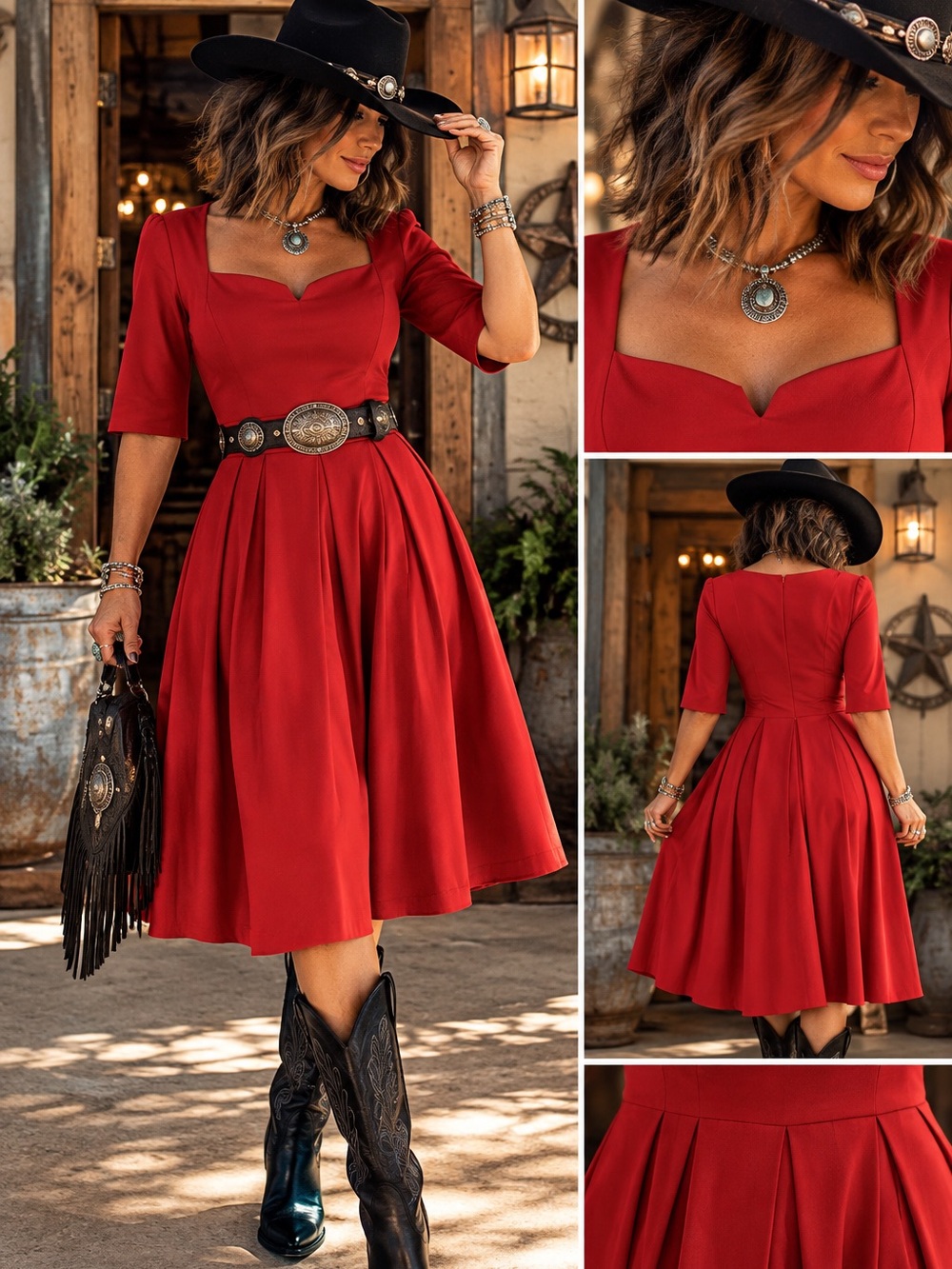 Elegant Red Fit-and-Flare Midi Dress with Sweetheart Neckline